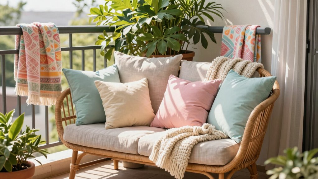 layered cushions and weatherproof textiles
