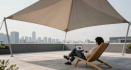 Heatherwick Studio and SPPARC shelter rooftop terrace with pleated canopy at London's Olympia