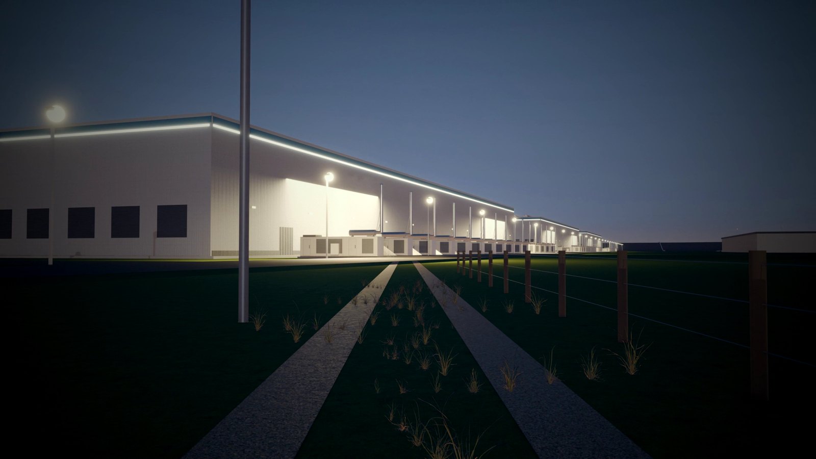 Finished hall of a fictional data center campus at dusk, lit facade and a footpath leading towards it